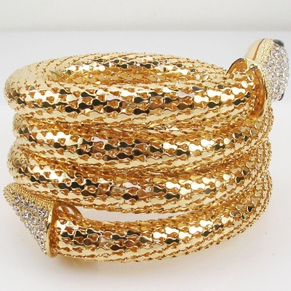 ⚜️ Kenneth Jay Lane Shimmering Gold Mesh and Clear Crystal Snake Wrap Bracelet - Picture 12 of 16